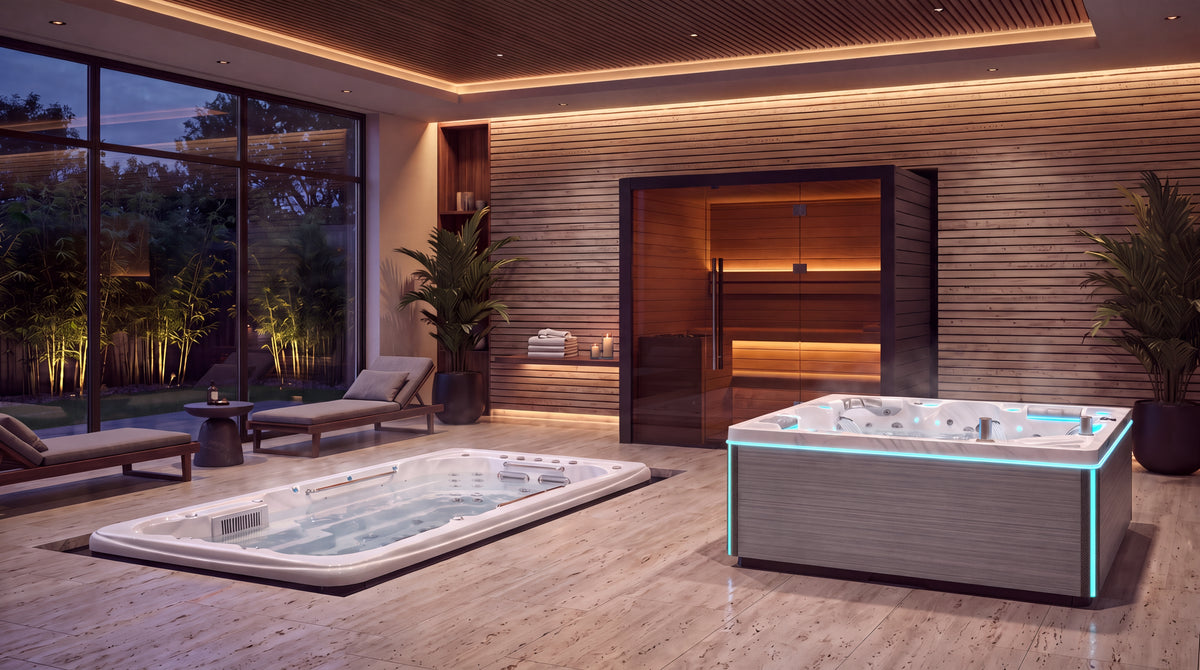 Whirlpool, Sauna und Swim Spa in einem Wellnessbereich von Market Spas