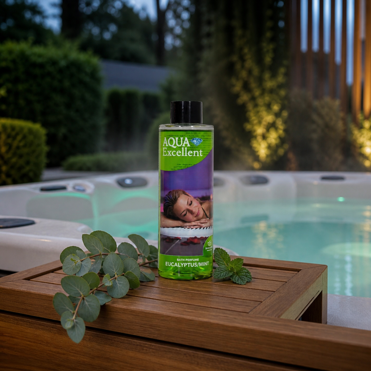 Aromathérapie Aqua Excellent Eucalyptus et Menthe neben einem Whirlpool