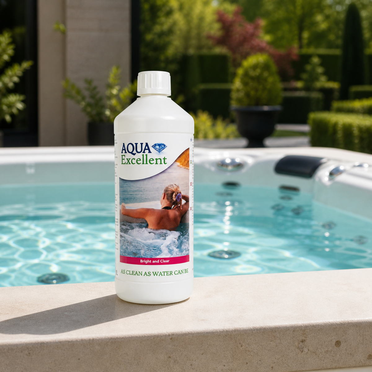 Aqua Excellent Bright & Clear 1 L neben einem Whirlpool mit klarem Wasser