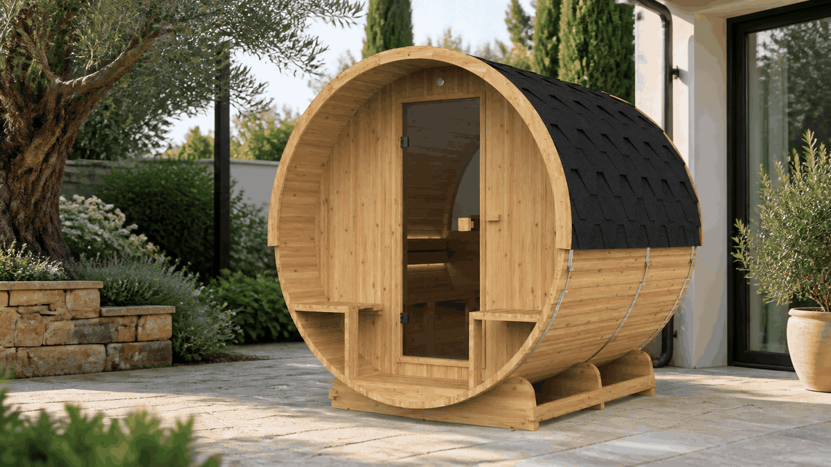 Barrel 210 Outdoor-Sauna in einem gestalteten Garten