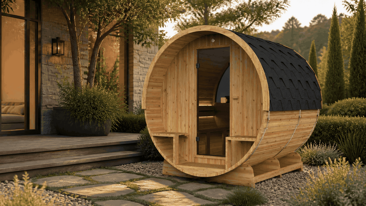 Barrel 250 Outdoor-Sauna in einem gestalteten Garten