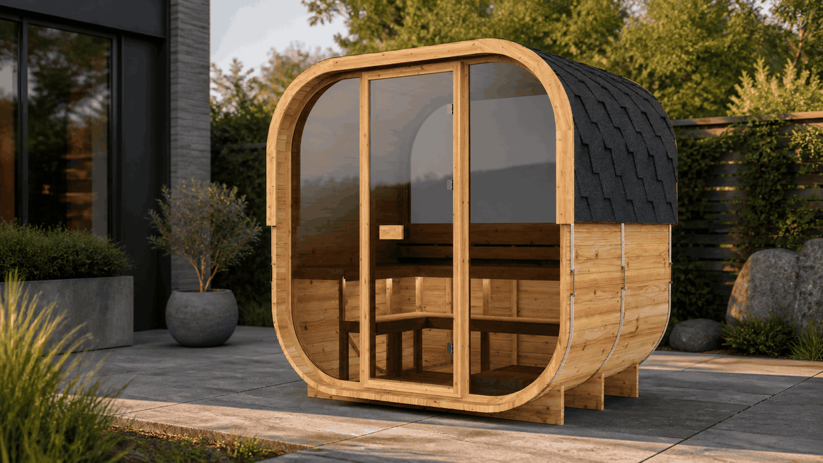 Cube 210 Outdoor-Sauna auf einer gestalteten Terrasse