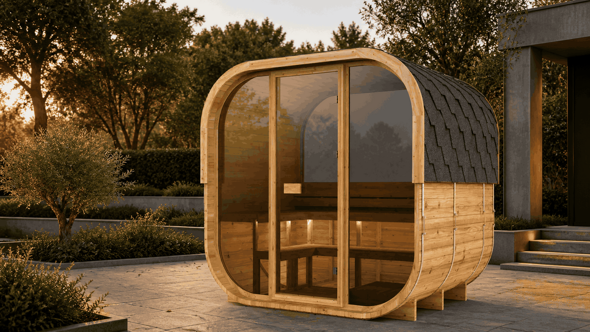 Cube 250 Outdoor-Sauna auf einer gestalteten Terrasse