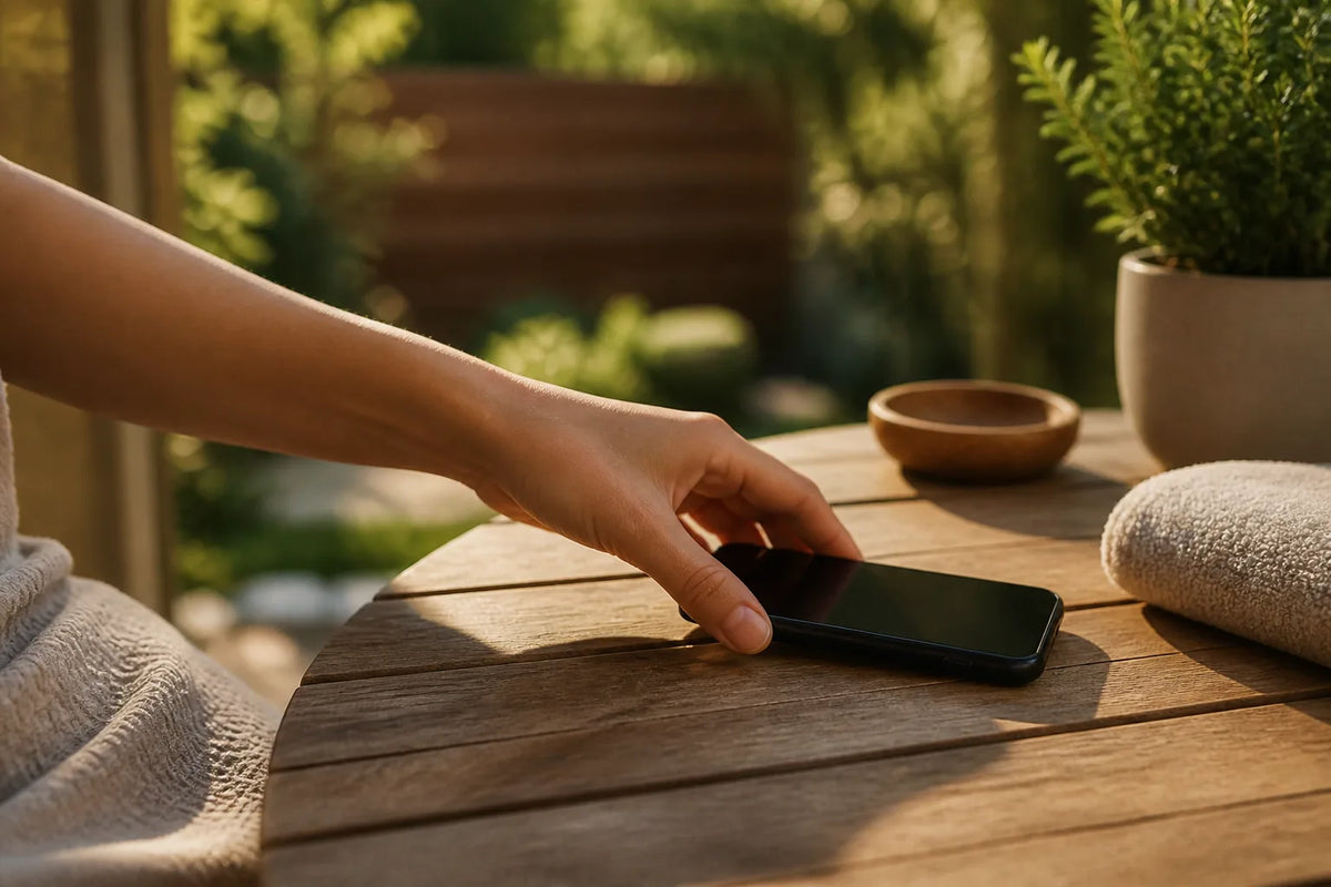 Barrel 210 - Outdoor-Sauna für 4-6 Personen in einer Szene mentaler Ruhe mit einem umgedrehten Telefon auf dem Tisch