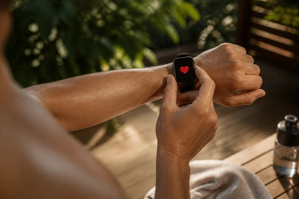 Barrel 210 - Outdoor-Sauna für 4-6 Personen mit einer Nahaufnahme einer Smartwatch, die nur ein rotes Herzsymbol zeigt