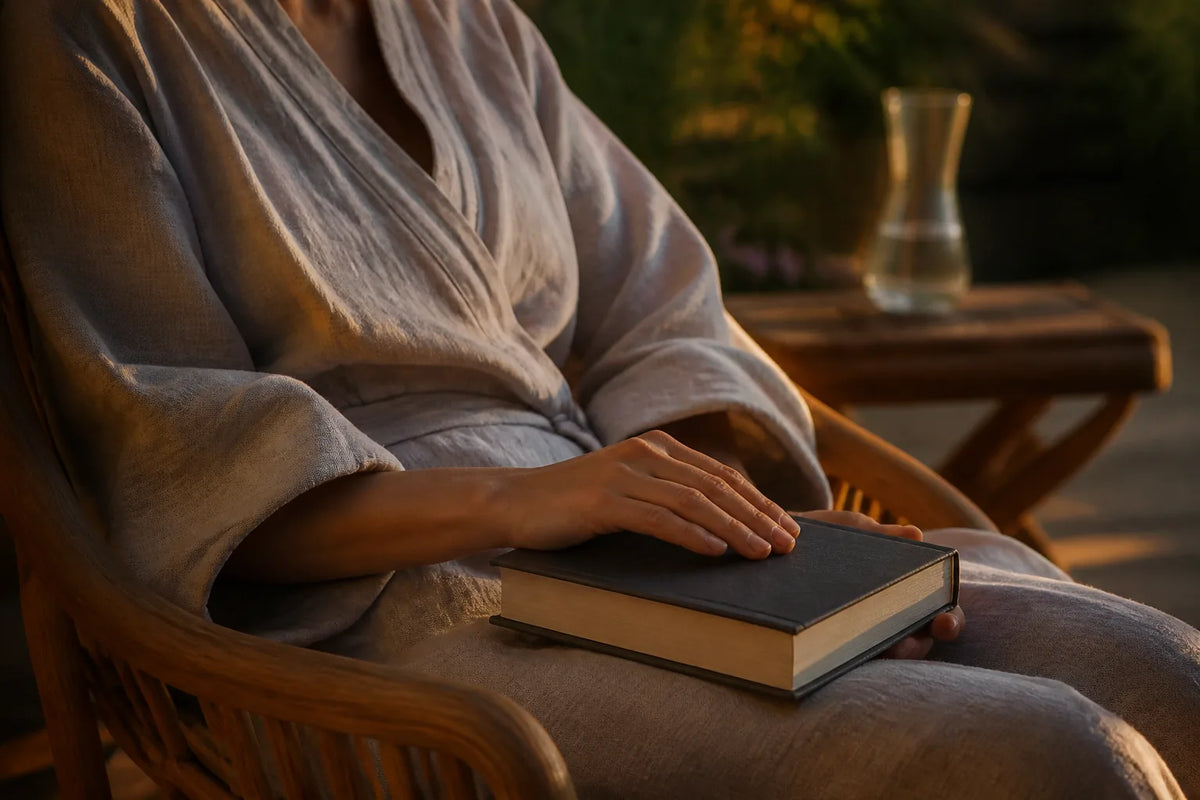 Barrel 210 - Outdoor-Sauna für 4-6 Personen im Abendlicht mit Bademantel und Buch für den Übergang zur Ruhe