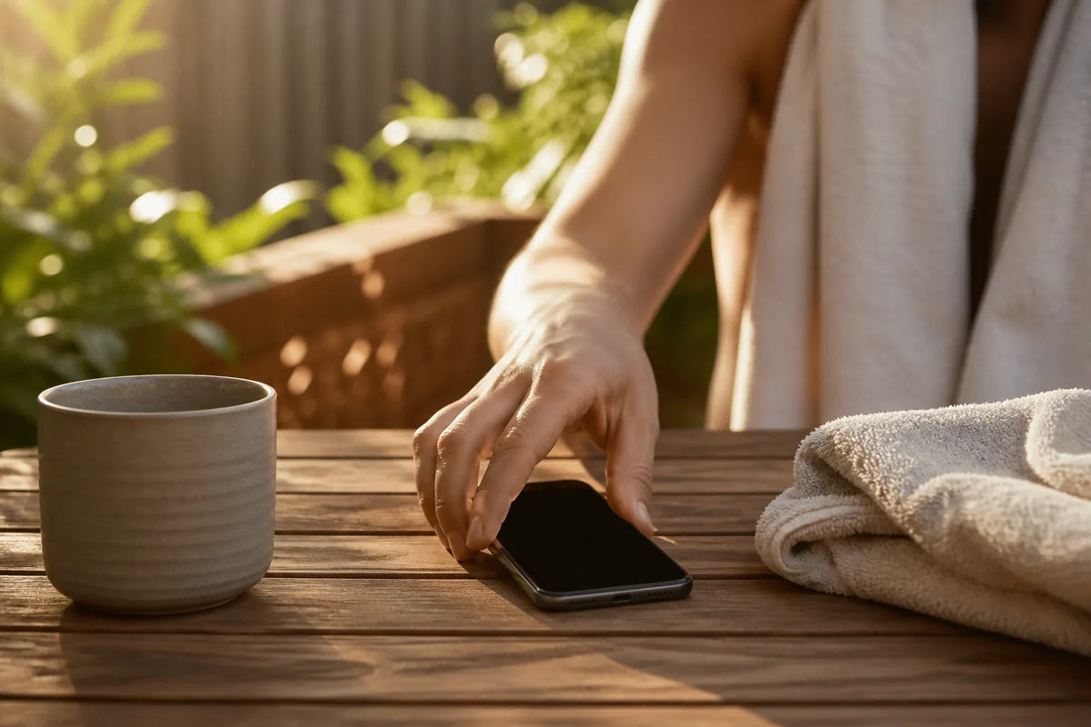 Barrel 250 - Outdoor-Sauna für 6-8 Personen in einer Szene mentaler Ruhe mit einem umgedrehten Telefon auf dem Tisch