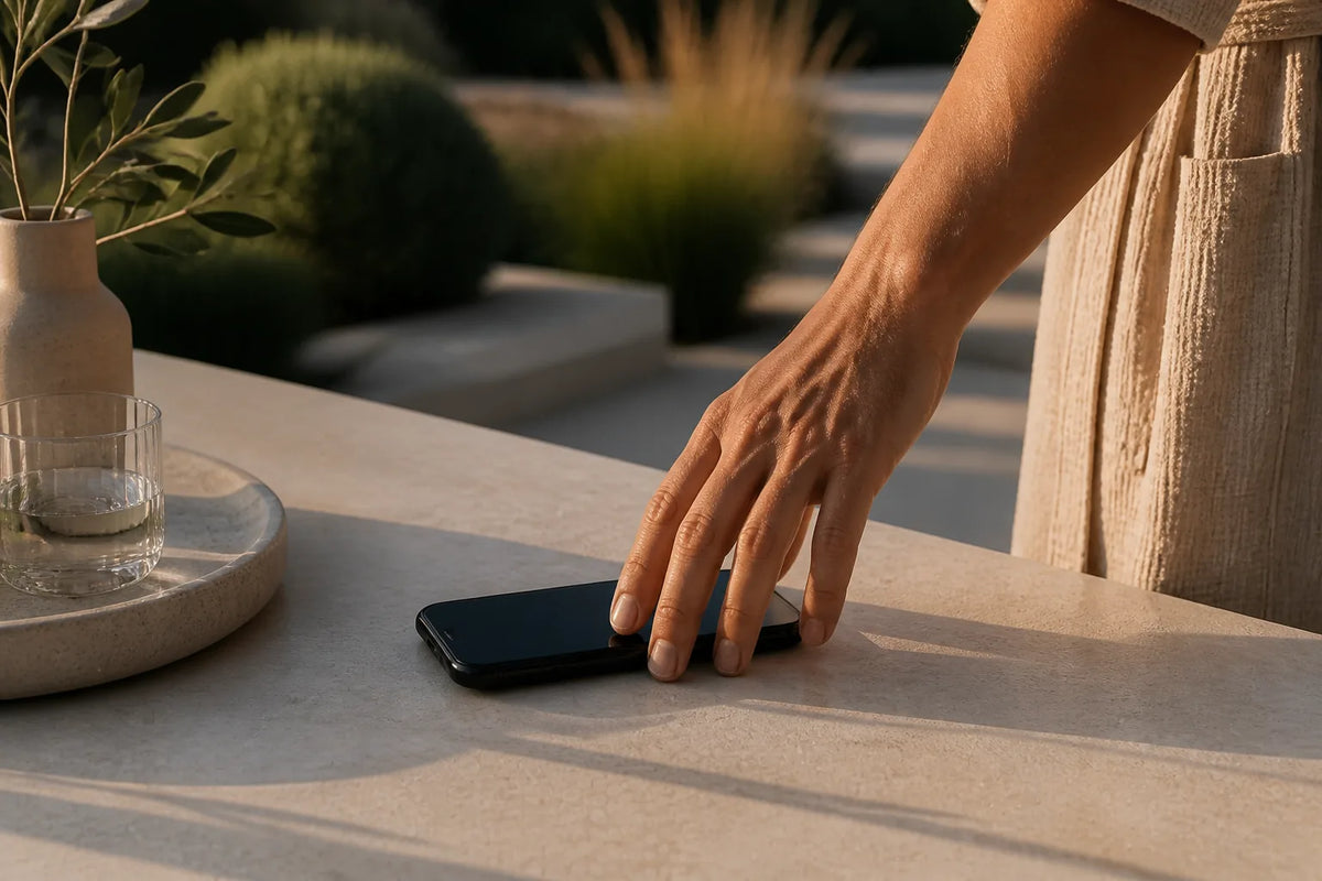 Cube 160 - Outdoor-Sauna für 2-3 Personen in einer Szene mentaler Ruhe mit einem umgedrehten Telefon auf dem Tisch