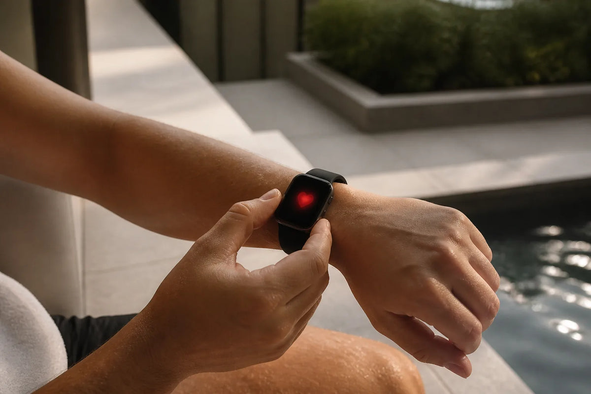 Cube 160 - Outdoor-Sauna für 2-3 Personen mit einer Nahaufnahme einer Smartwatch, die nur ein rotes Herzsymbol zeigt