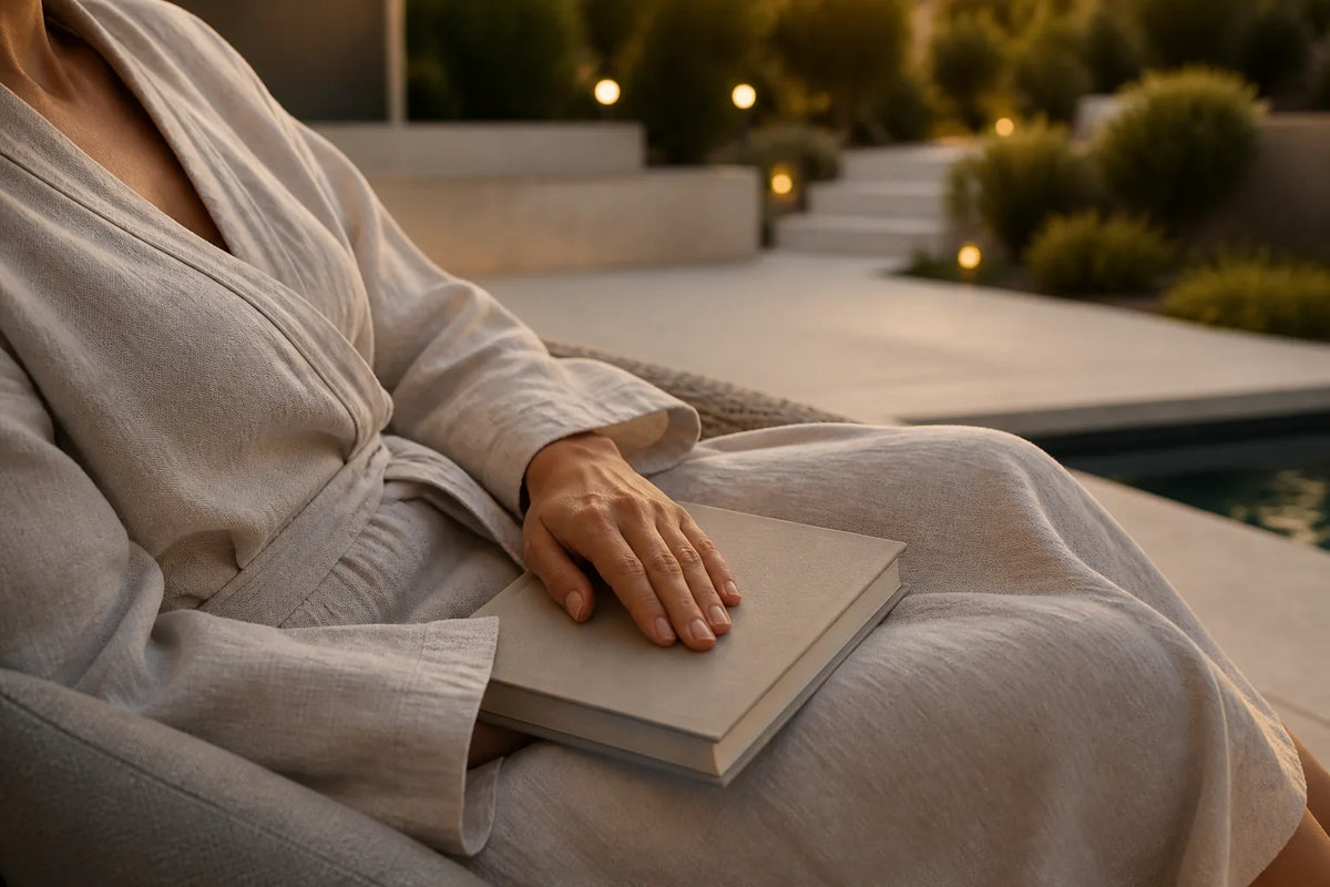 Cube 160 - Outdoor-Sauna für 2-3 Personen im Abendlicht mit Bademantel und Buch für den Übergang zur Ruhe