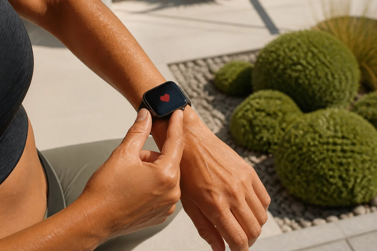Cube 210 - Outdoor-Sauna für 4 Personen mit einer Nahaufnahme einer Smartwatch, die nur ein rotes Herzsymbol zeigt