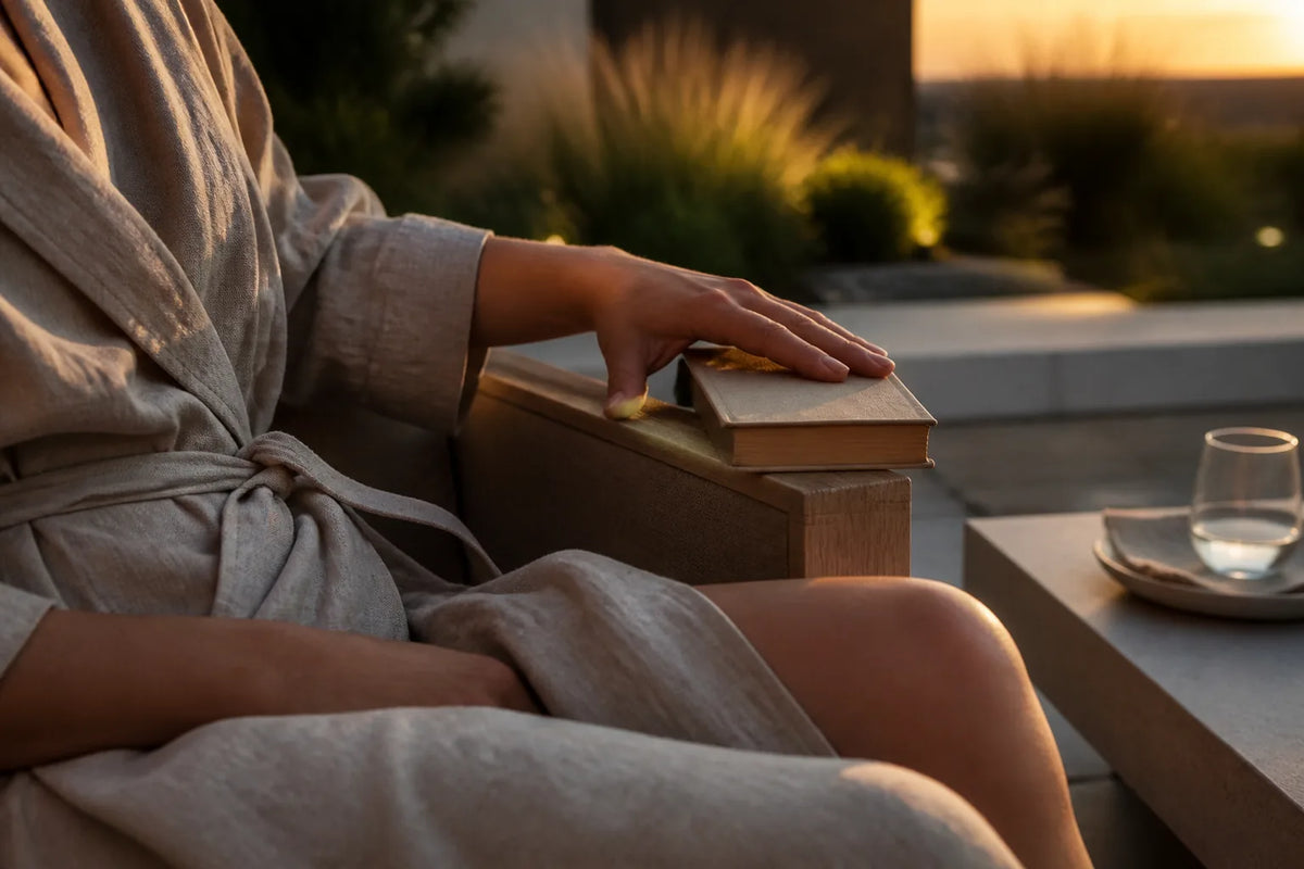 Cube 210 - Outdoor-Sauna für 4 Personen im Abendlicht mit Bademantel und Buch für den Übergang zur Ruhe