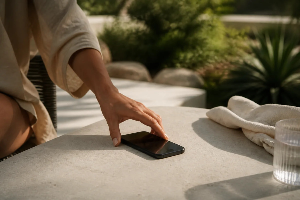 Cube 250 - Outdoor-Sauna für 5-6 Personen in einer Szene mentaler Ruhe mit einem umgedrehten Telefon auf dem Tisch