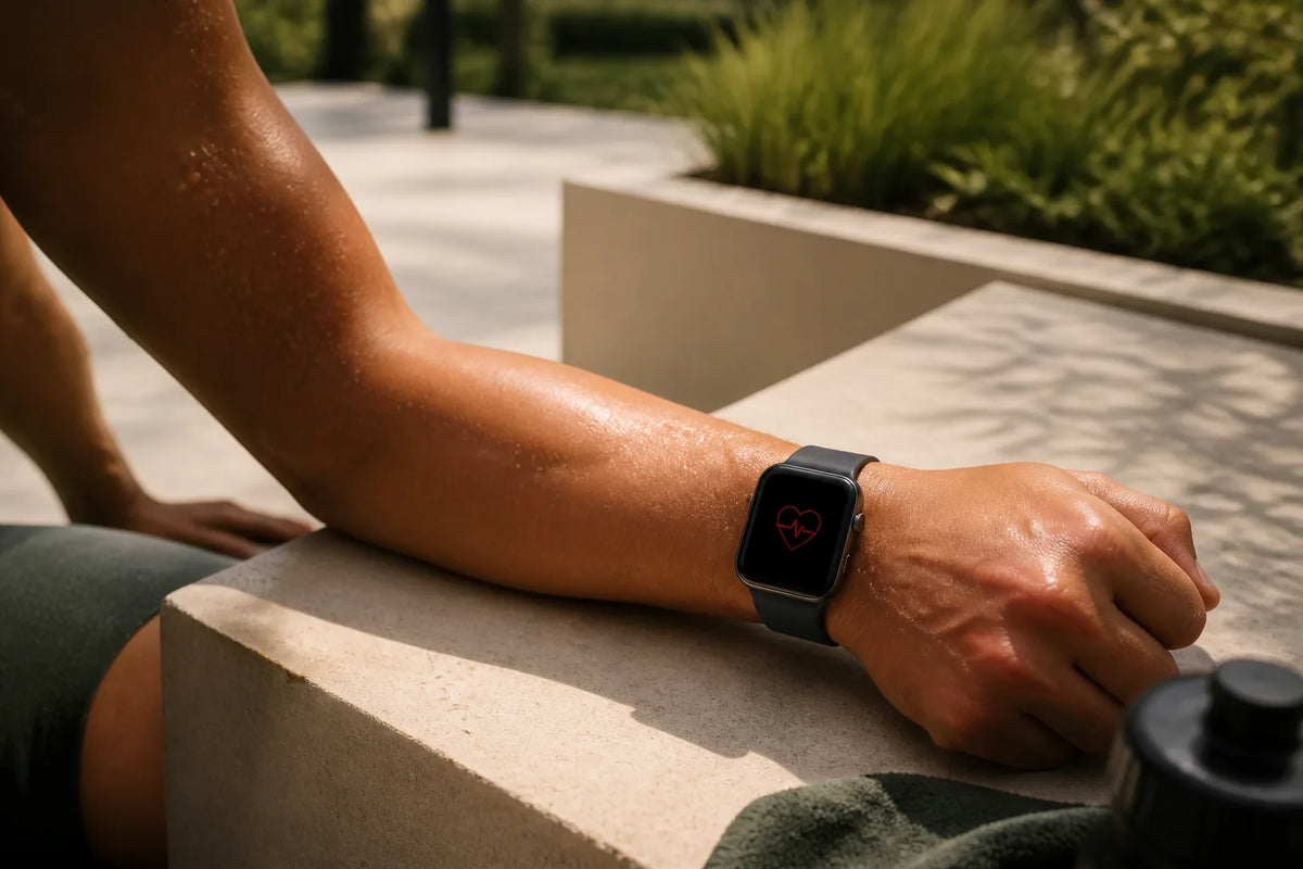 Cube 250 - Outdoor-Sauna für 5-6 Personen mit einer Nahaufnahme einer Smartwatch, die nur ein rotes Herzsymbol zeigt