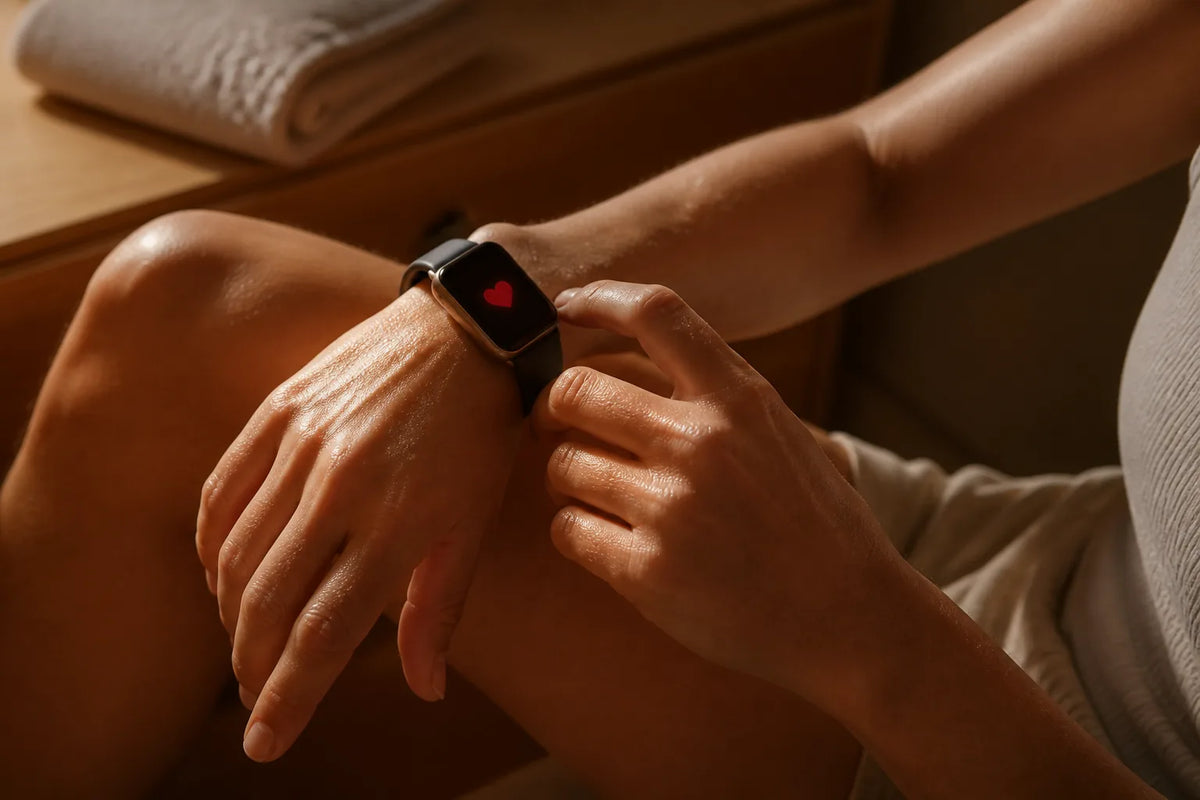 Infrared 130 - Infrarotsauna für 2 Personen mit einer Nahaufnahme einer Smartwatch, die nur ein rotes Herzsymbol zeigt