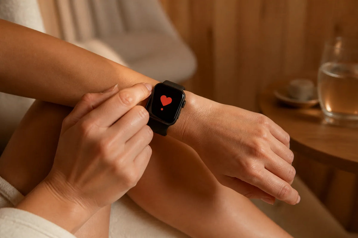 Infrared 160 - Infrarotsauna für 2 Personen im Großformat mit einer Nahaufnahme einer Smartwatch, die nur ein rotes Herzsymbol zeigt