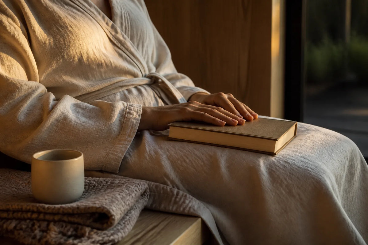 Infrared 160 - Infrarotsauna für 2 Personen im Großformat im Abendlicht mit Bademantel und Buch für den Übergang zur Ruhe