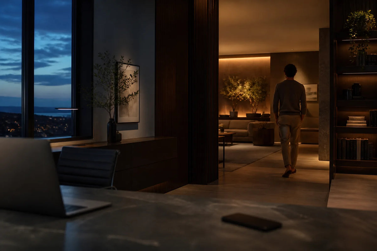 Nero 160 - Indoor-Sauna für 2-3 Personen in einer Szene mentaler Ruhe mit einem umgedrehten Telefon auf dem Tisch