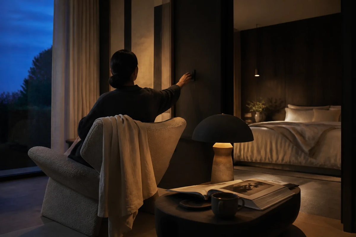 Nero 160 - Indoor-Sauna für 2-3 Personen im Abendlicht mit Bademantel und Buch für den Übergang zur Ruhe