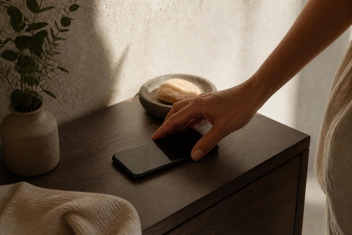 Nero 210 - Indoor-Sauna für 3-4 Personen in einer Szene mentaler Ruhe mit einem umgedrehten Telefon auf dem Tisch