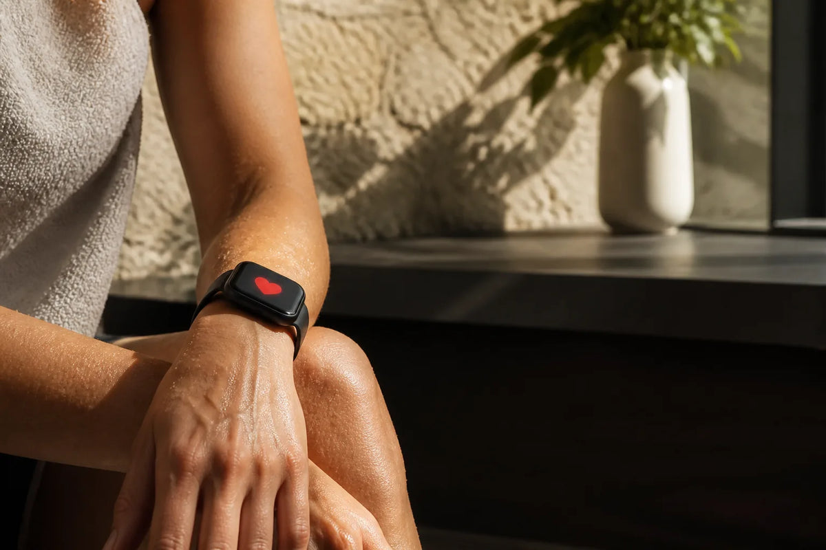Nero 210 - Indoor-Sauna für 3-4 Personen mit einer Nahaufnahme einer Smartwatch, die nur ein rotes Herzsymbol zeigt