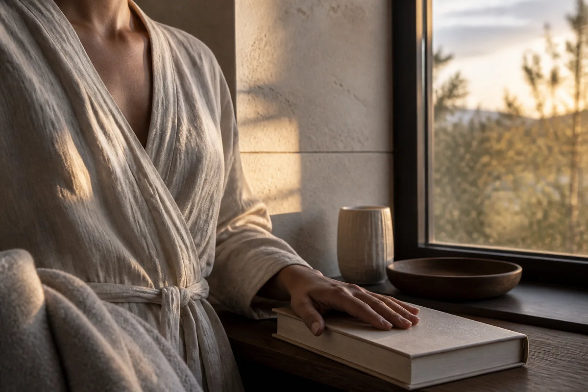 Nero 210 - Indoor-Sauna für 3-4 Personen im Abendlicht mit Bademantel und Buch für den Übergang zur Ruhe