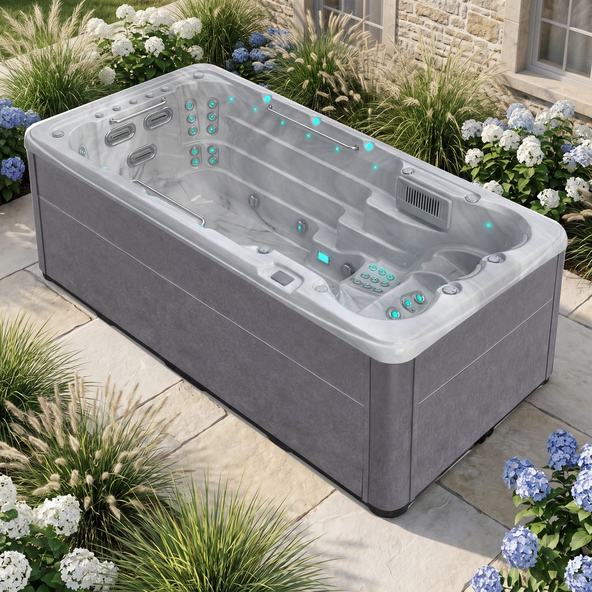 Vue des places et des jets du SwimFlow Odyssey, dans un jardin fleuri.
