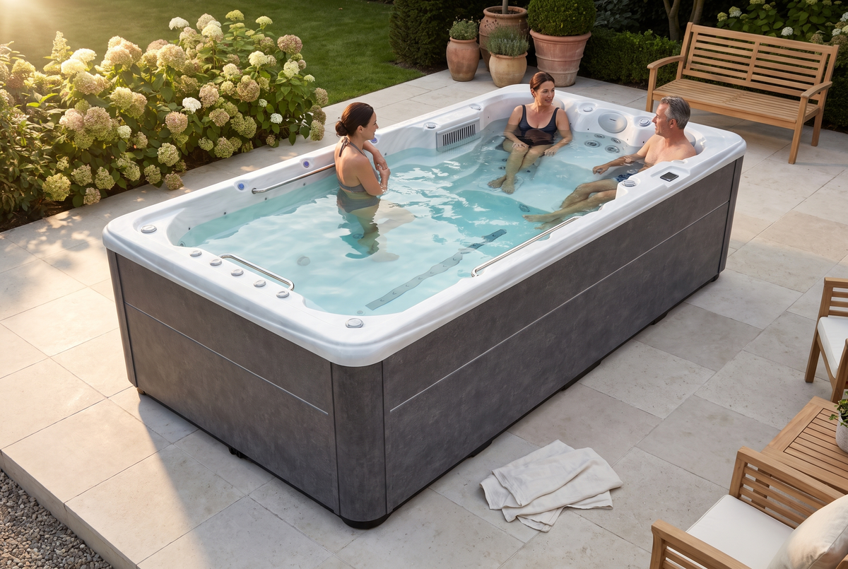 Drei Erwachsene genießen den SwimFlow Sterling Marble in einem blühenden Garten.