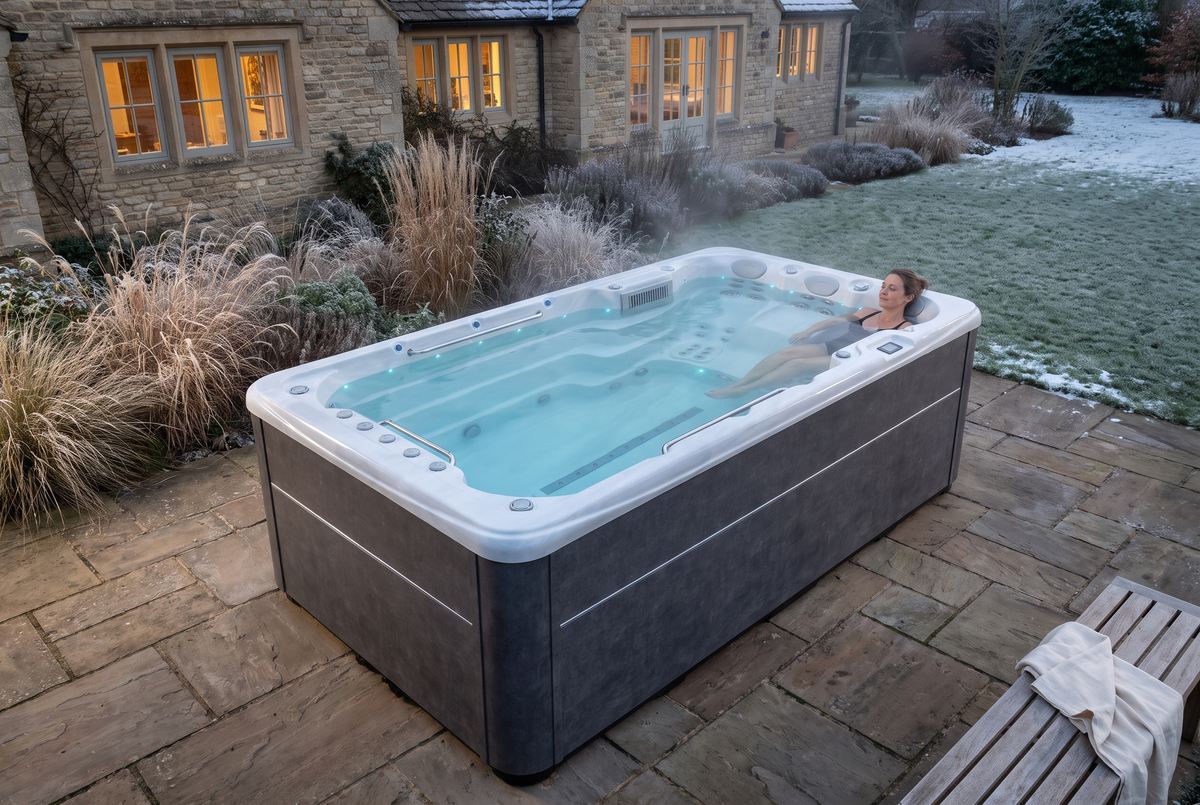 Entspannung im beheizten SwimFlow Sterling Marble in einem bereiften Garten bei Abenddämmerung.