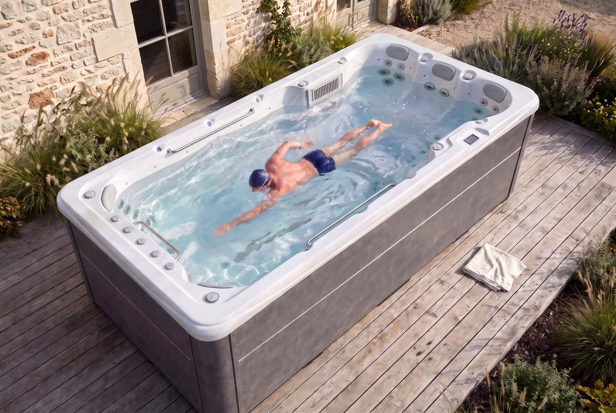 Gegenstromschwimmen im SwimFlow White auf einer Holzterrasse, umgeben von einem Garten.