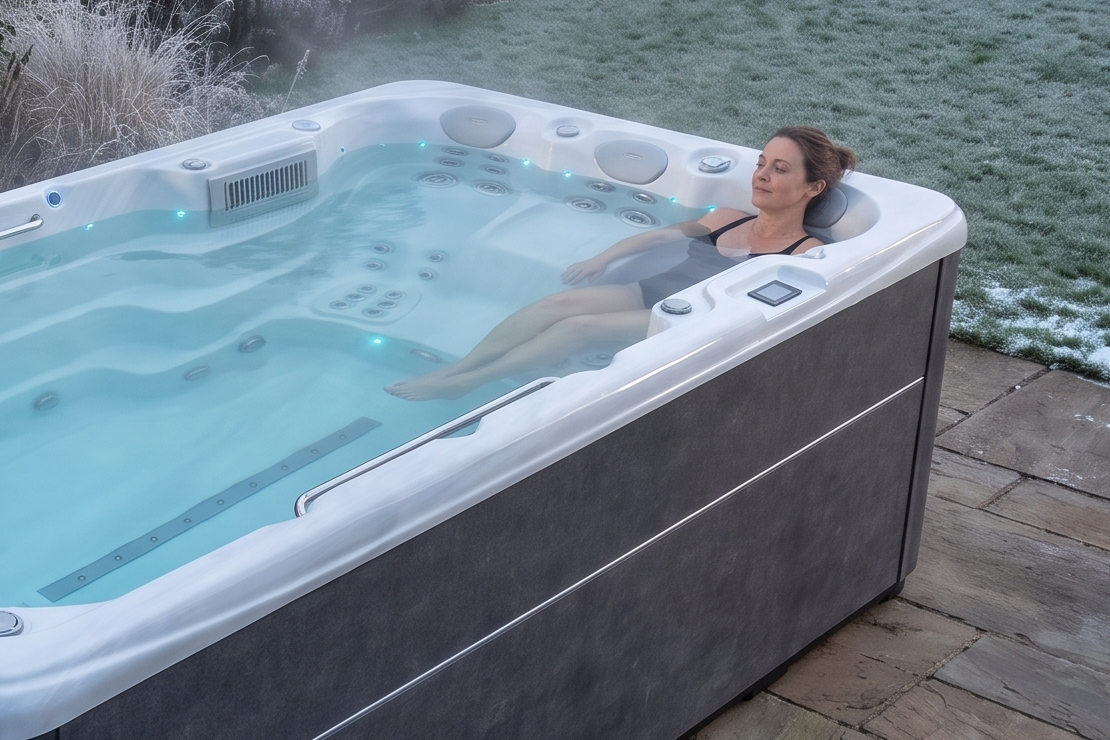 Eine Frau entspannt an einem Winterabend auf einem Massageplatz im SwimFlow Sterling Marble.