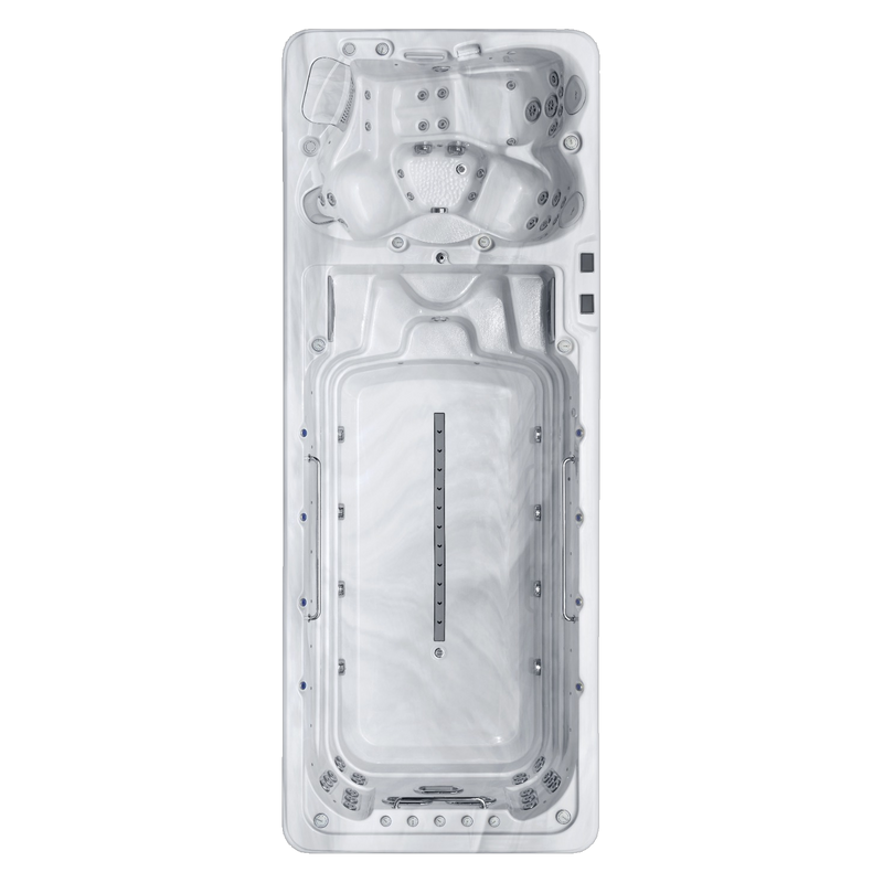 Spa de nage SwimFusion Silver Marble, vue de dessus : zone spa et couloir de nage