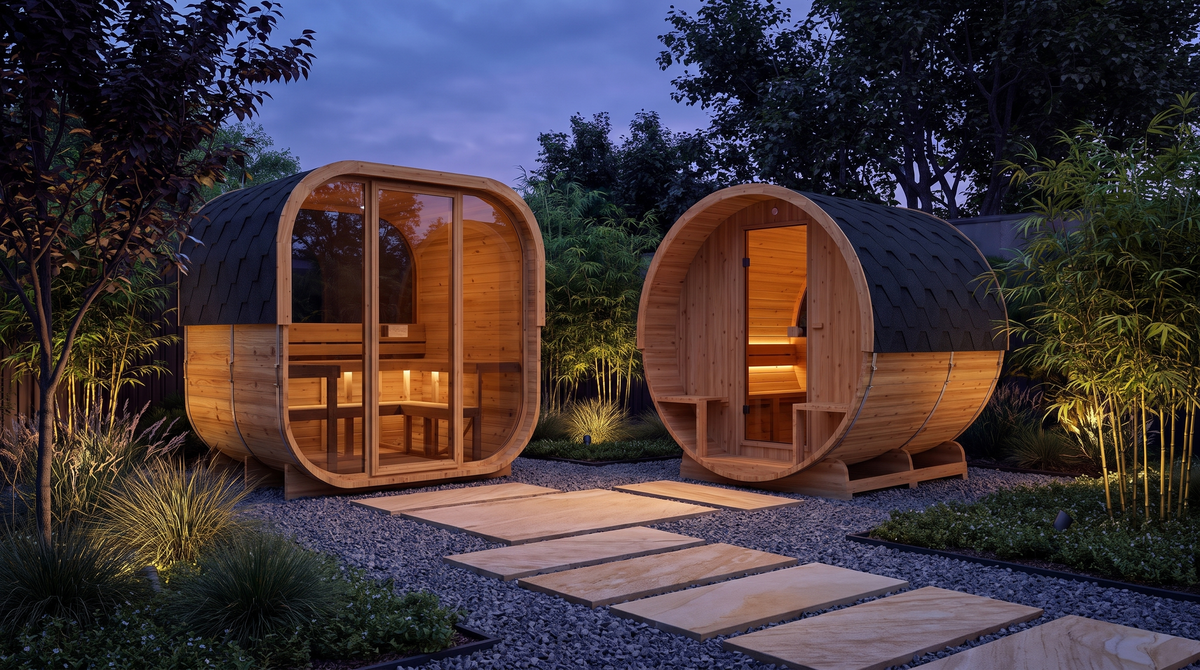 Die Außensaunen Cube 160 und Barrel 210 in einem Zen-Garten bei Abenddämmerung